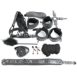 КОМПЛЕКТ (наручники, оковы, ошейник с поводком, верёвка, фиксатор, плётка, кляп, маска, зажимы для с